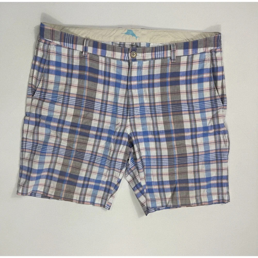 Tommy Bahama Mens 38 (40x10) Linen Stretch Plaid Shorts Pink Blue Modern Beach